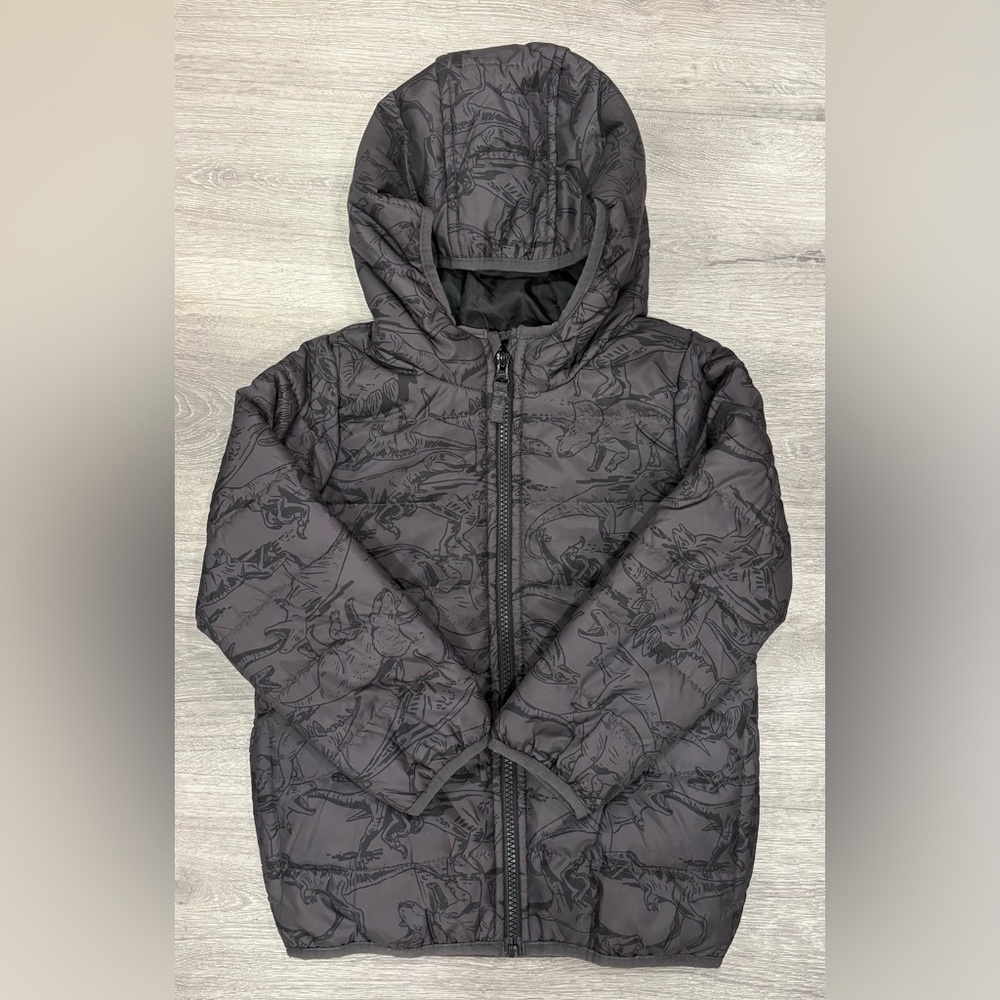 Carter's Dark Gray Hooded Puffer Jacket with Dinosaur Print (Only worn once)